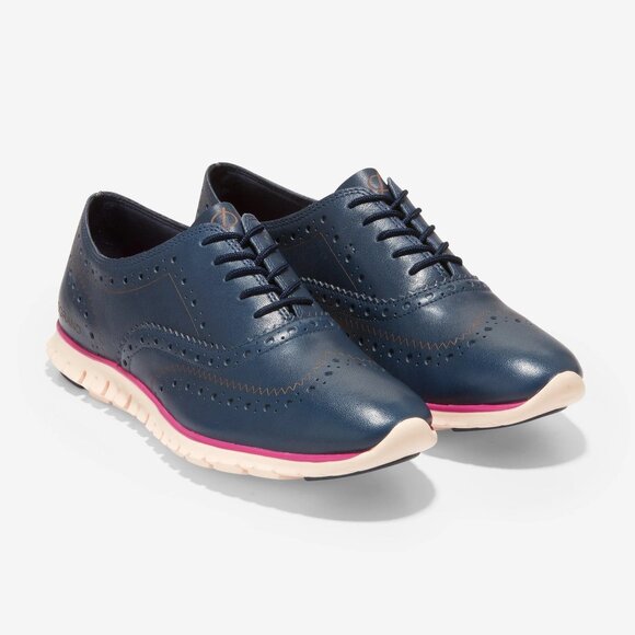 COLE HAAN Zerogrand Leather Wing Lace-up Oxford Marine Blue & Pink Sole 6B EUC - Picture 3 of 8